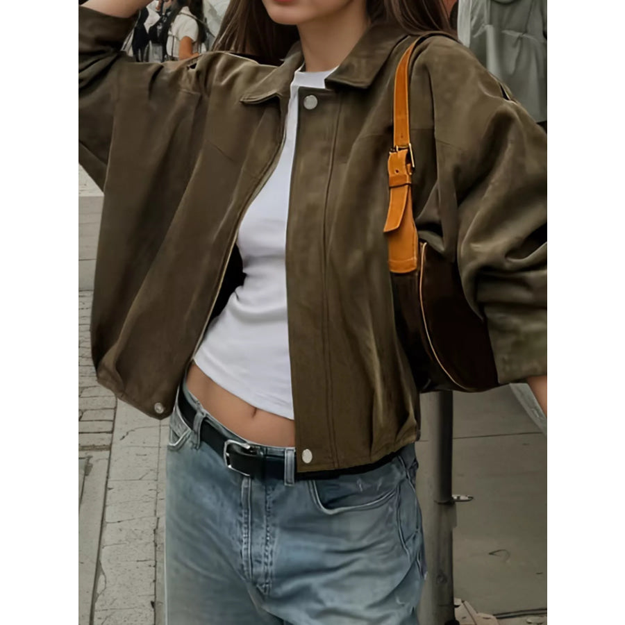 Suede Cropped Bomber Jacket Apparel and Accessories