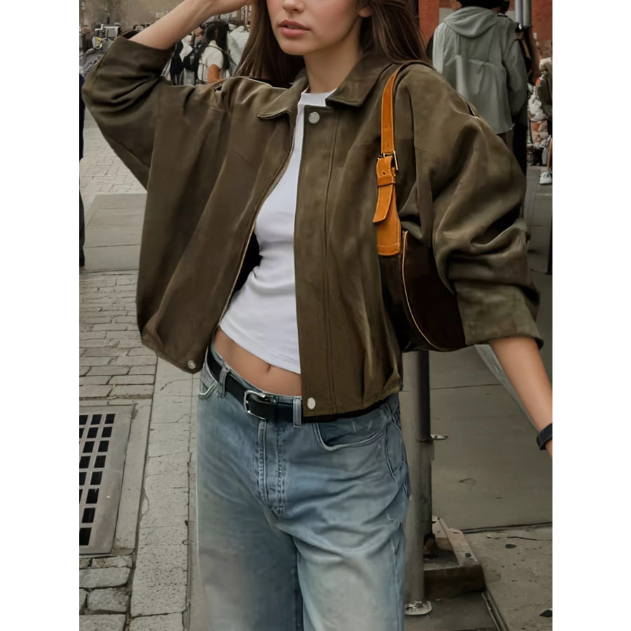 Suede Cropped Bomber Jacket Army Green / S Apparel and Accessories