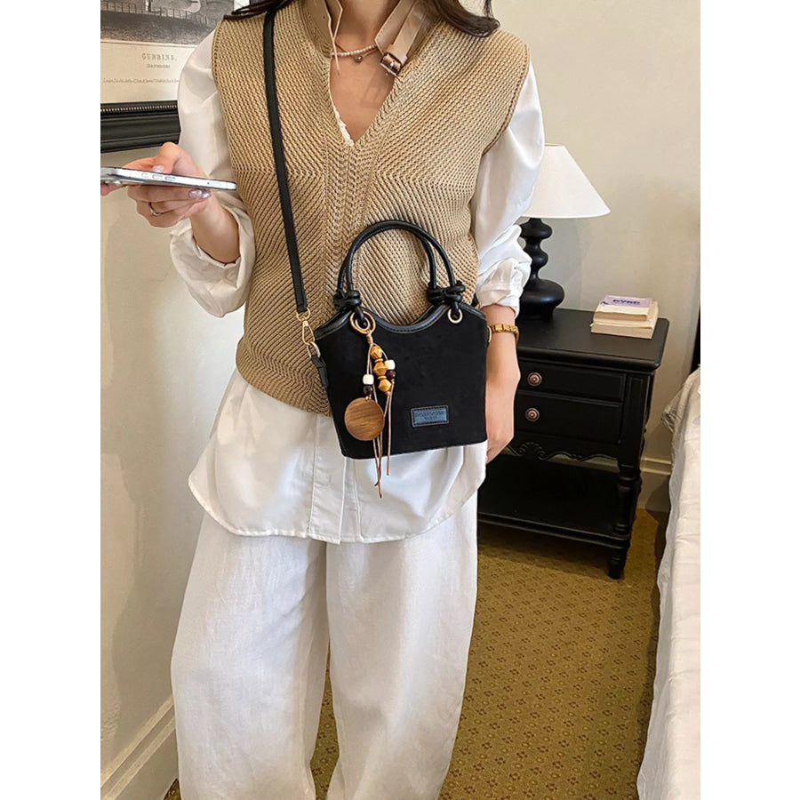 Suede Crossbody Bag with Decorative Wooden Bead Charm Black / onesize Apparel and Accessories