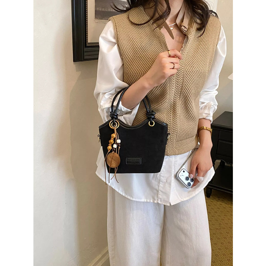 Suede Crossbody Bag with Decorative Wooden Bead Charm Black / onesize Apparel and Accessories
