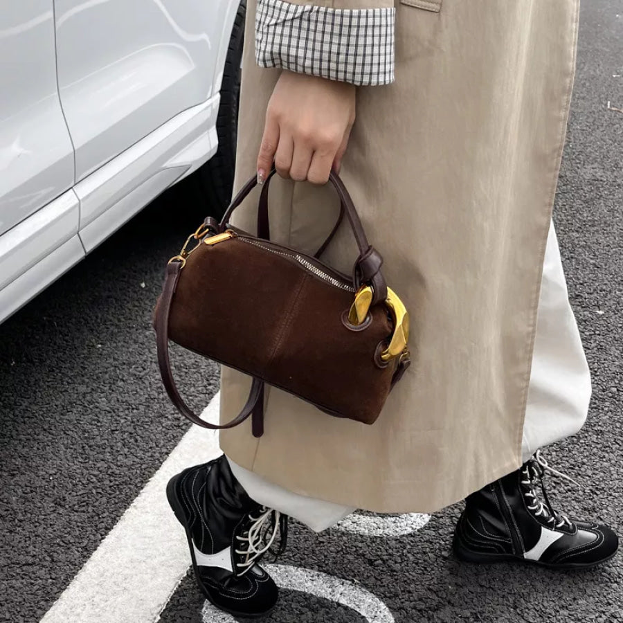 Suede Crossbody Bag with Gold Hardware Brown / One Size Apparel and Accessories