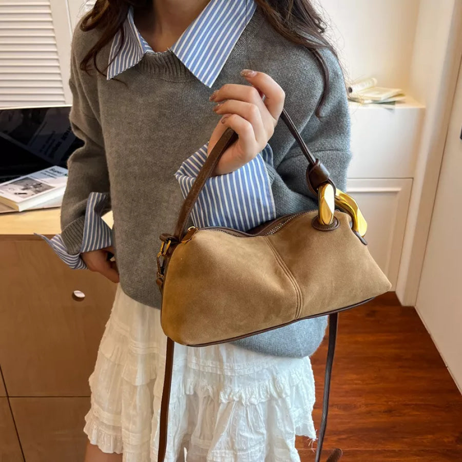 Suede Crossbody Bag with Gold Hardware Taupe / One Size Apparel and Accessories