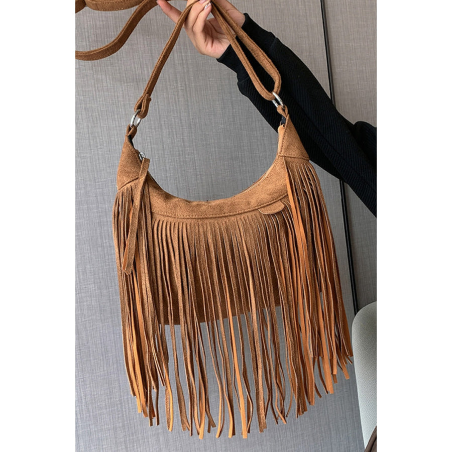 Suede Fringe Adjustable Strap Shoulder Bag Caramel / One Size Apparel and Accessories