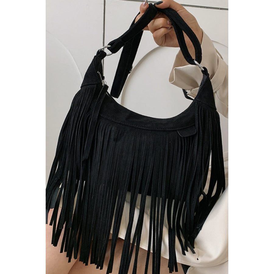 Suede Fringe Adjustable Strap Shoulder Bag Black / One Size Apparel and Accessories