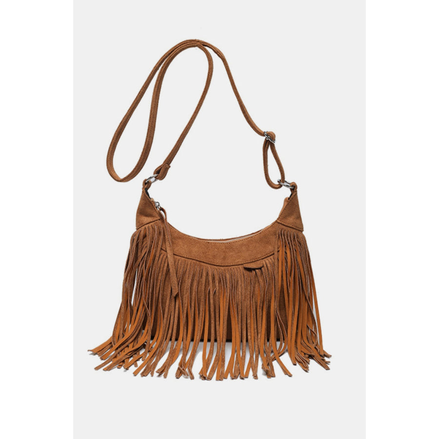 Suede Fringe Adjustable Strap Shoulder Bag Caramel / One Size Apparel and Accessories