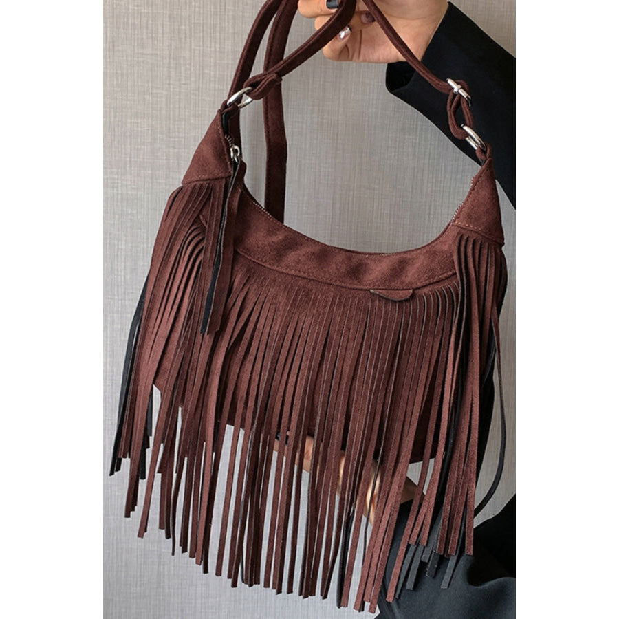 Suede Fringe Adjustable Strap Shoulder Bag Dark Brown / One Size Apparel and Accessories