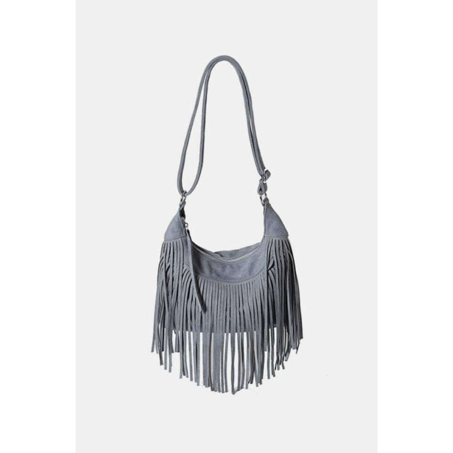 Suede Fringe Adjustable Strap Shoulder Bag Gray / One Size Apparel and Accessories