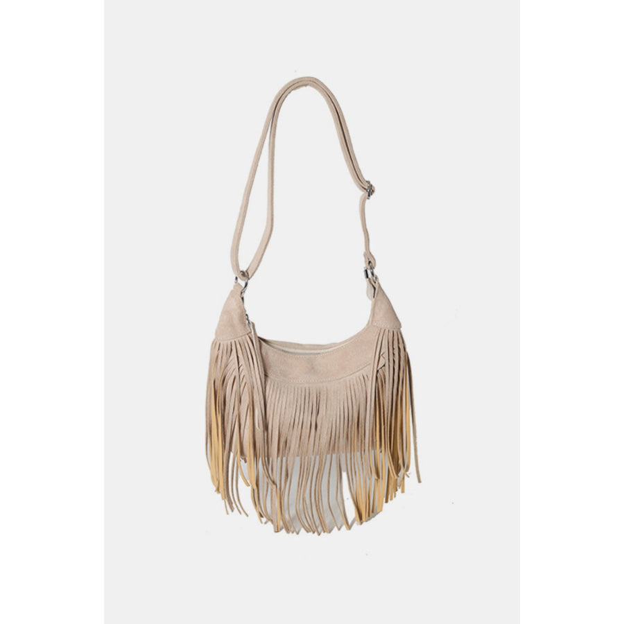 Suede Fringe Adjustable Strap Shoulder Bag Khaki / One Size Apparel and Accessories