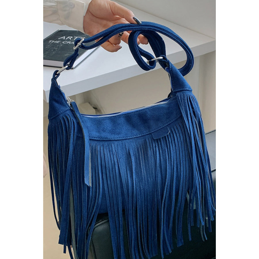 Suede Fringe Adjustable Strap Shoulder Bag Navy / One Size Apparel and Accessories