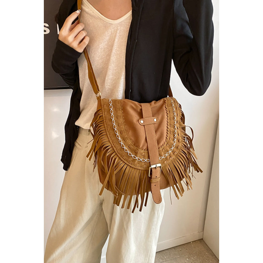 Suede Fringe Wide Strap Shoulder Bag Caramel / One Size Apparel and Accessories