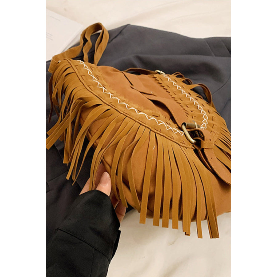 Suede Fringe Wide Strap Shoulder Bag Caramel / One Size Apparel and Accessories