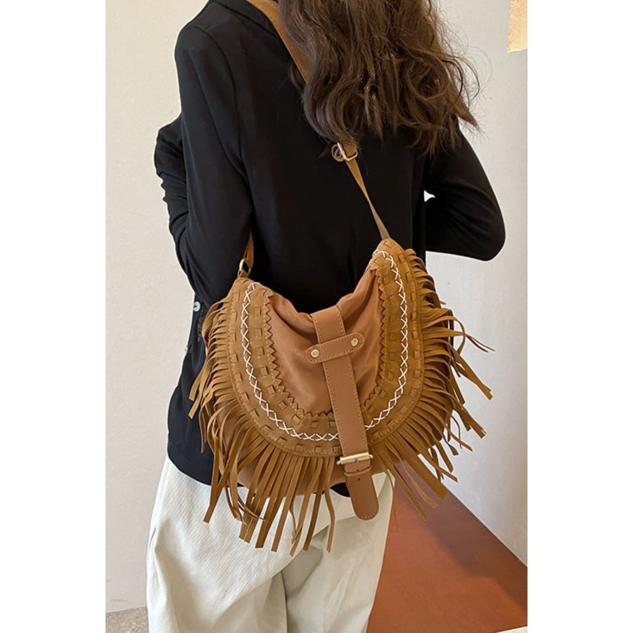 Suede Fringe Wide Strap Shoulder Bag Caramel / One Size Apparel and Accessories