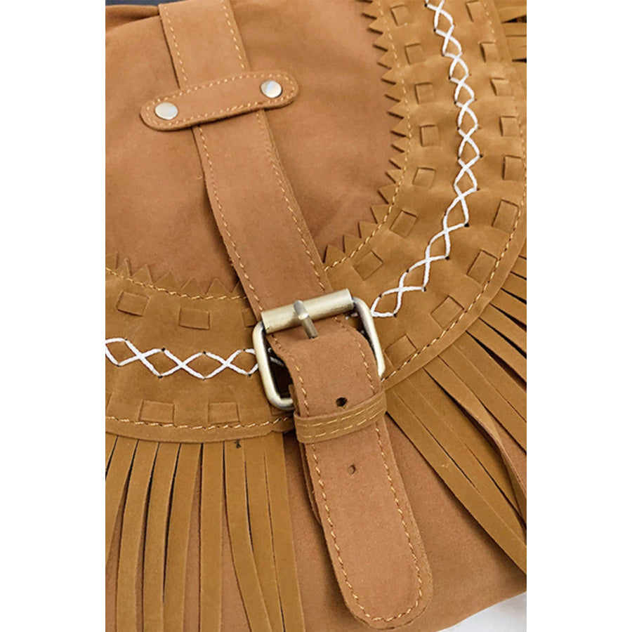 Suede Fringe Wide Strap Shoulder Bag Caramel / One Size Apparel and Accessories