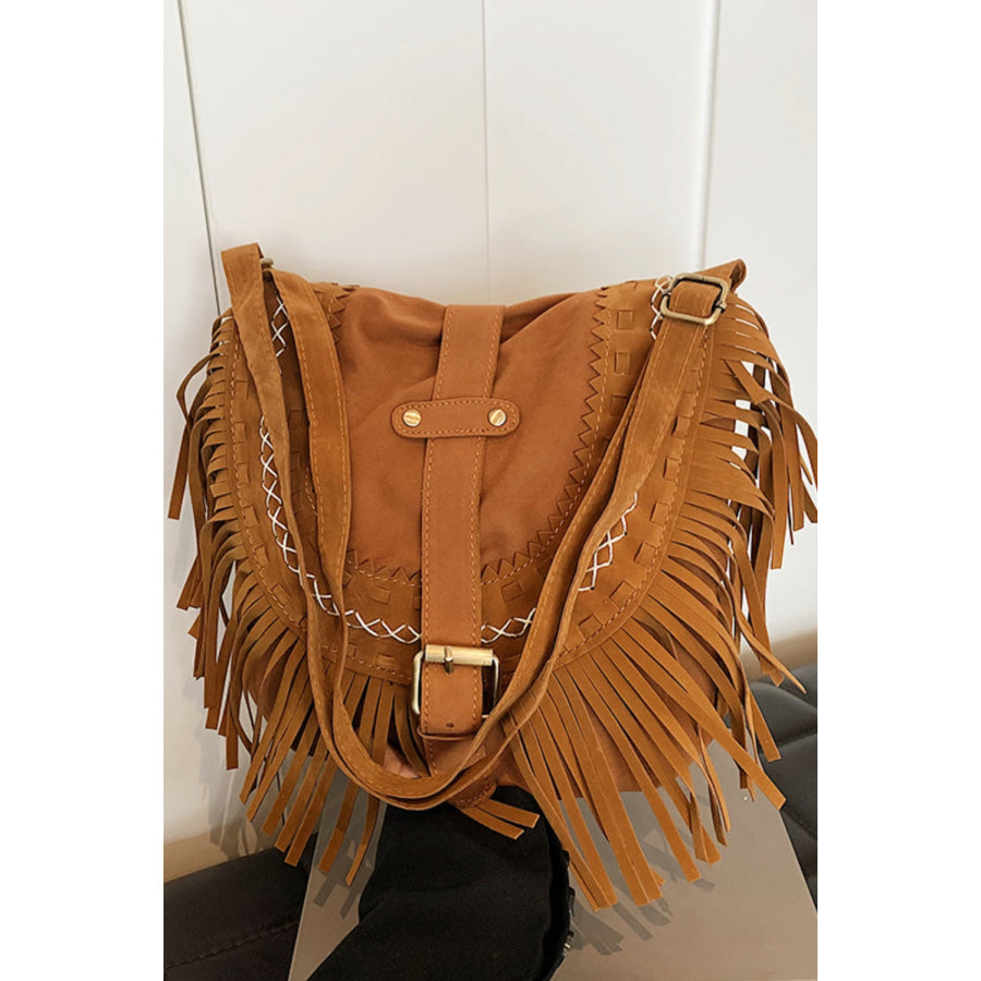 Suede Fringe Wide Strap Shoulder Bag Caramel / One Size Apparel and Accessories