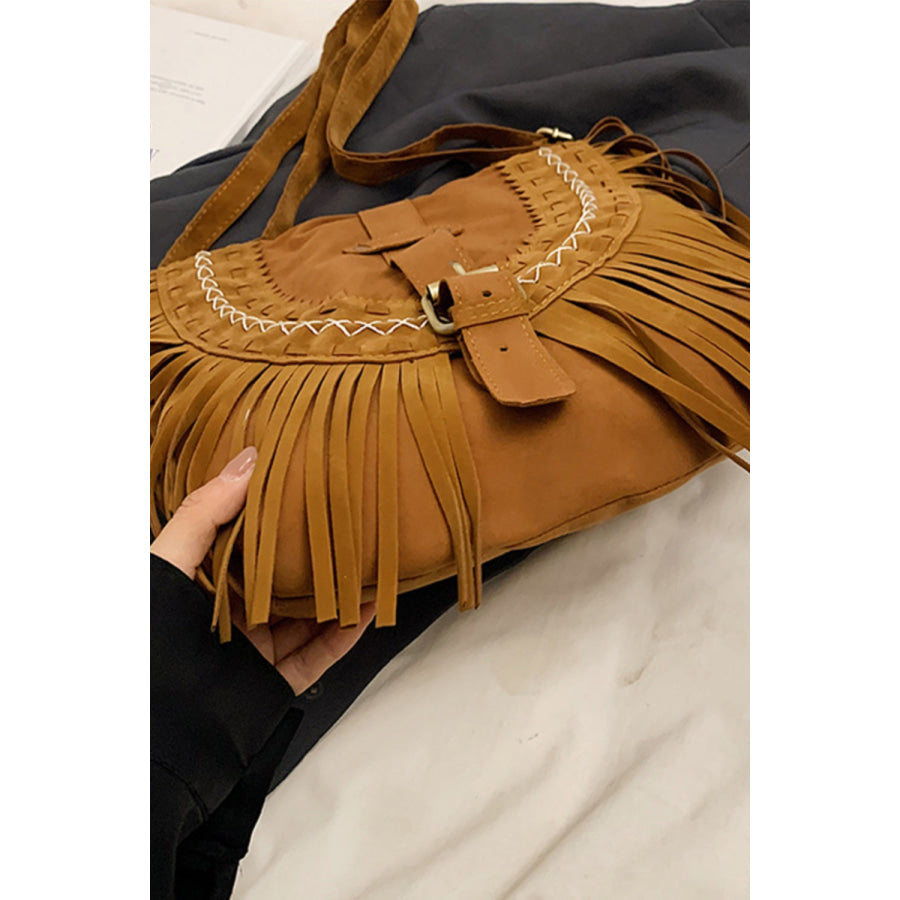 Suede Fringe Wide Strap Shoulder Bag Caramel / One Size Apparel and Accessories