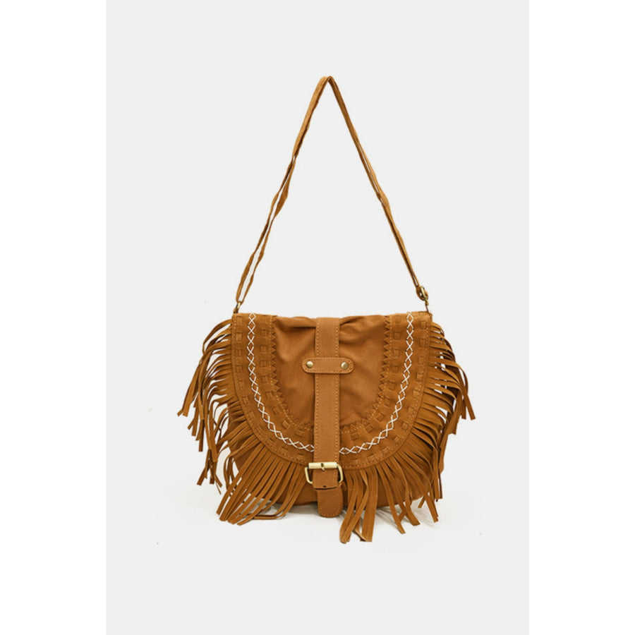 Suede Fringe Wide Strap Shoulder Bag Caramel / One Size Apparel and Accessories