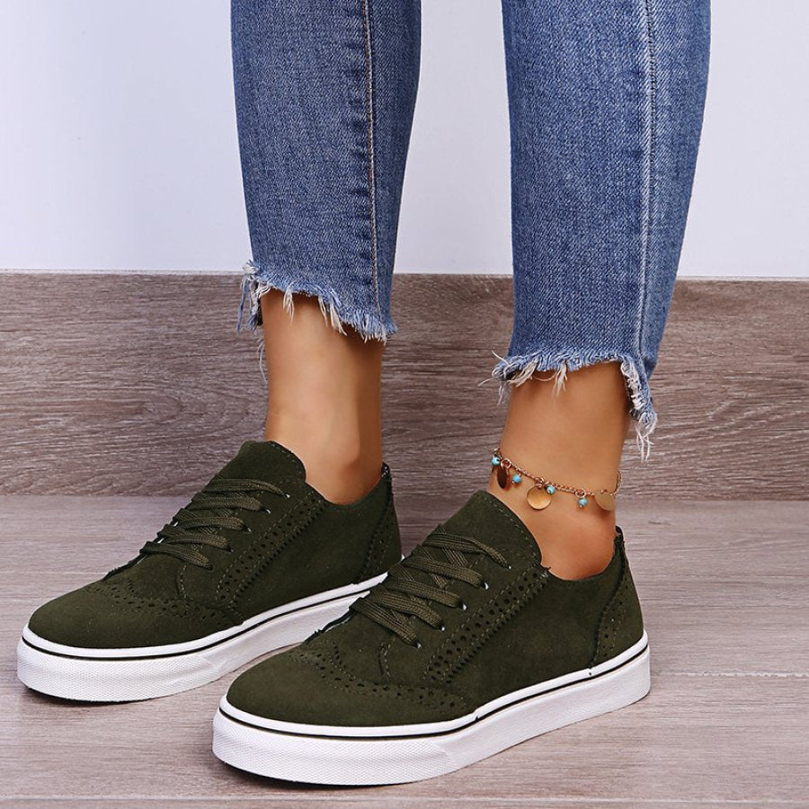 Suede Lace-Up Flat Sneakers Army Green / 35(US4) Apparel and Accessories