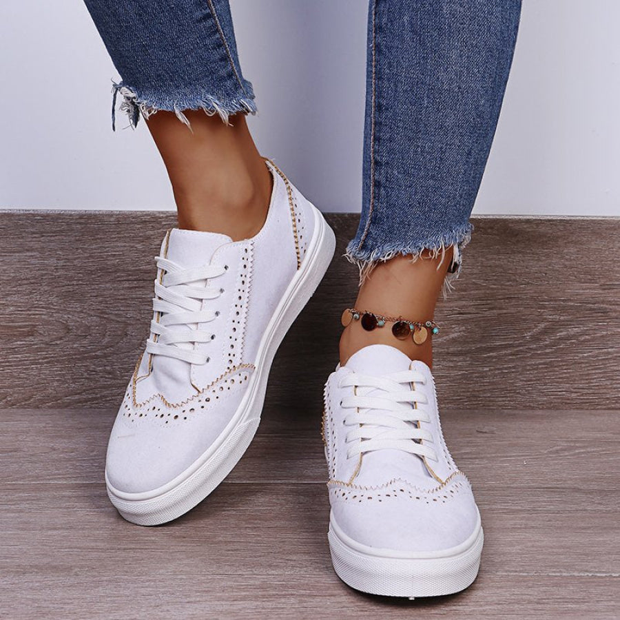 Suede Lace-Up Flat Sneakers White / 35(US4) Apparel and Accessories