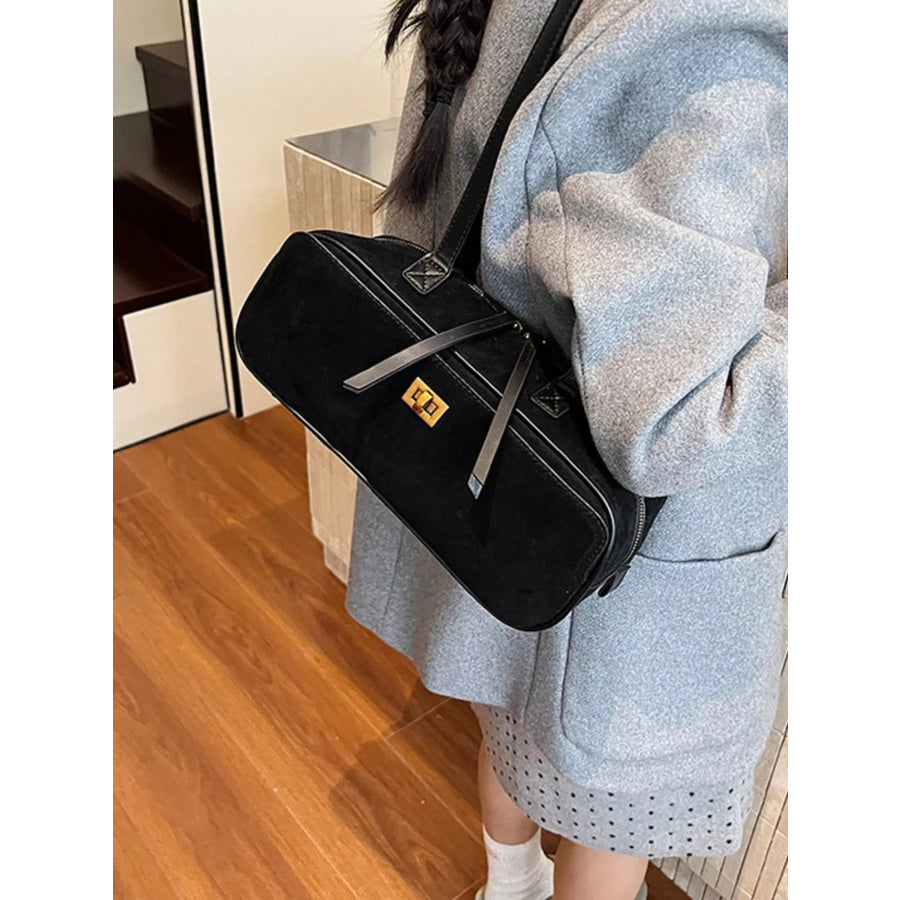 Suede Leather Shoulder Bag Black / One Size Apparel and Accessories