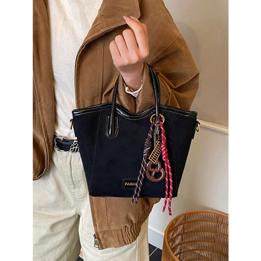 Suede Leather Strap Tote Bag Black / One Size Apparel and Accessories