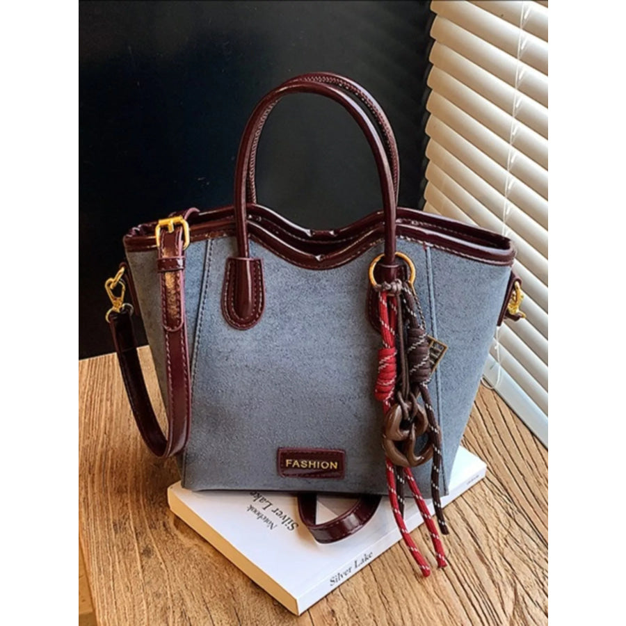 Suede Leather Strap Tote Bag Blue / One Size Apparel and Accessories