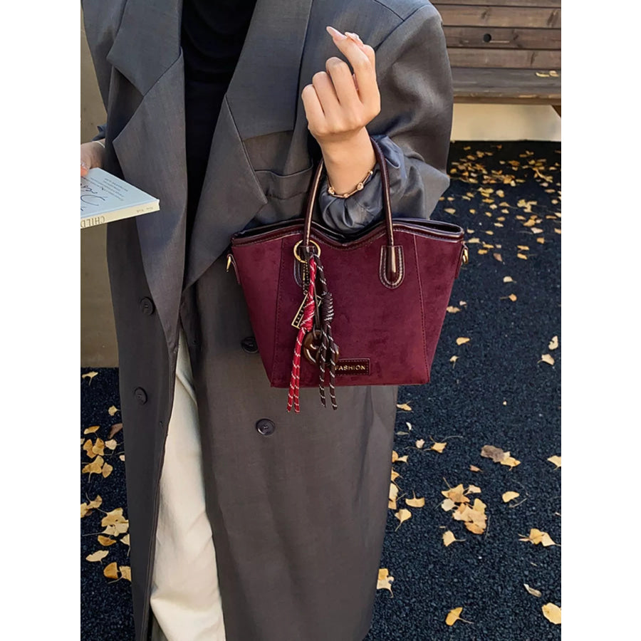 Suede Leather Strap Tote Bag Burgundy / One Size Apparel and Accessories
