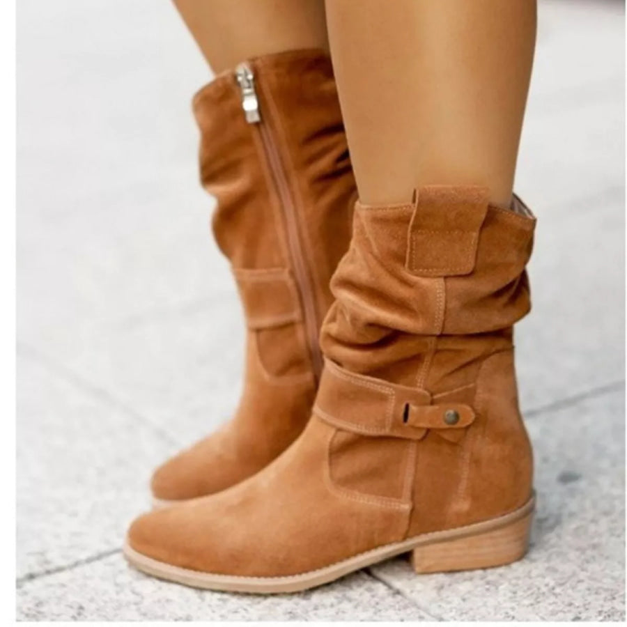 Suede Mid-Calf Boots Brown / 35 Apparel and Accessories
