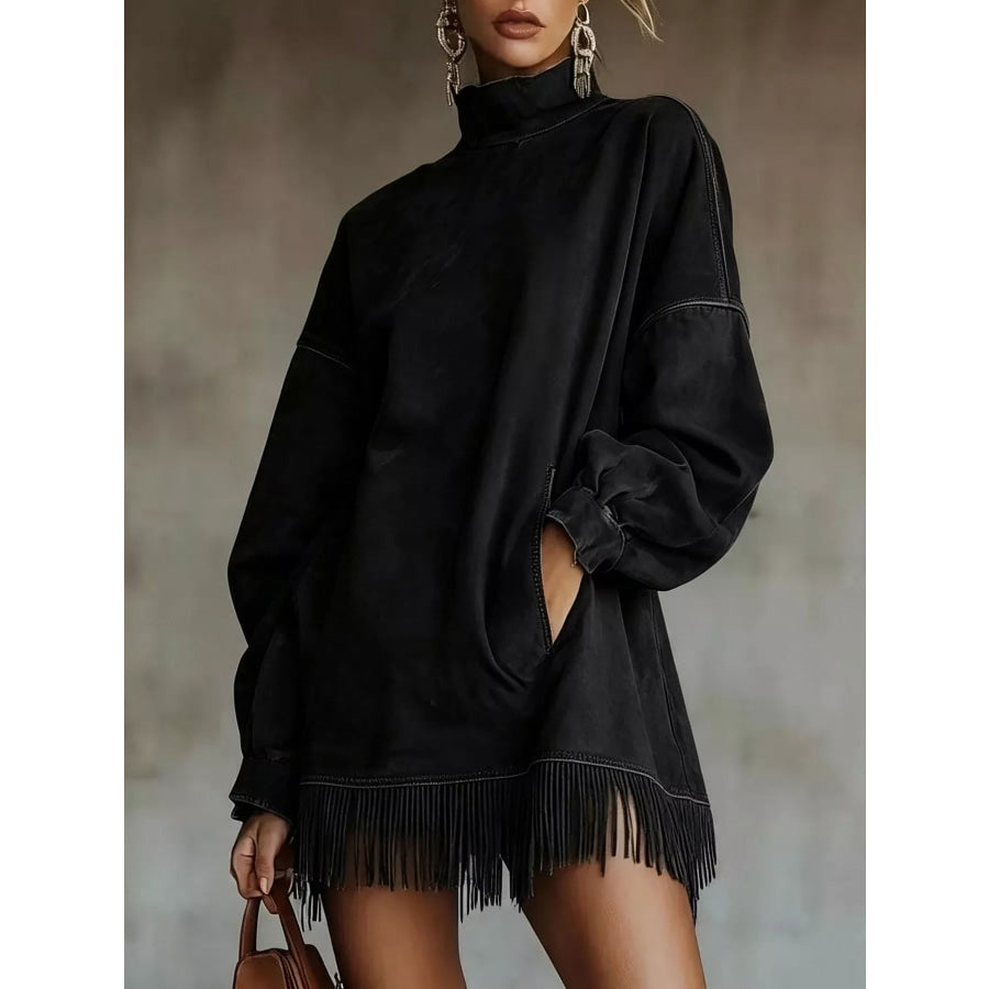 Suede Mock Neck Fringed Mini Dress Black / S Apparel and Accessories