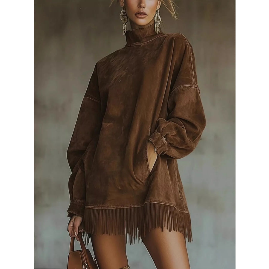 Suede Mock Neck Fringed Mini Dress Coffee Brown / S Apparel and Accessories
