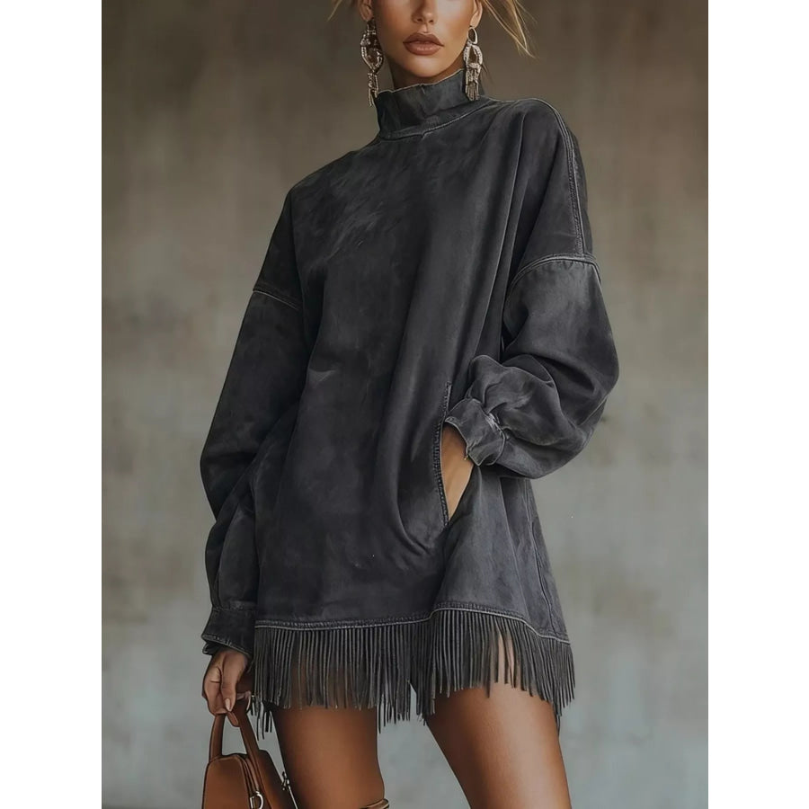 Suede Mock Neck Fringed Mini Dress Gray / S Apparel and Accessories