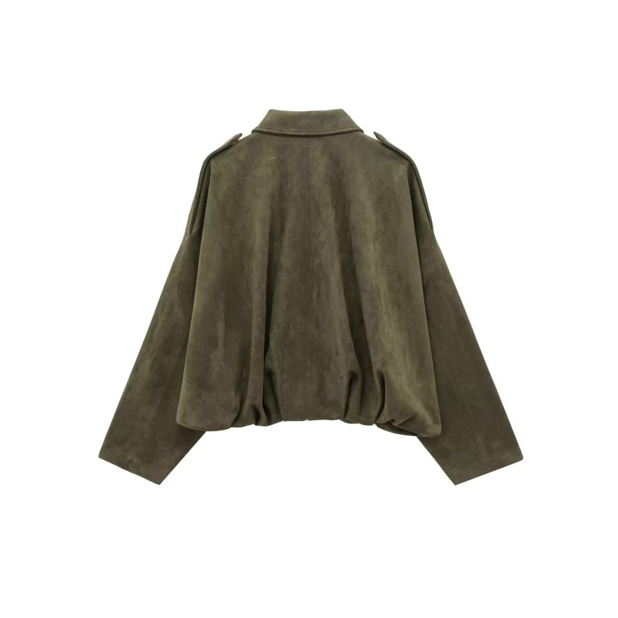 Suede Oversized Collared Neck Bomber Jacket Apparel and Accessories
