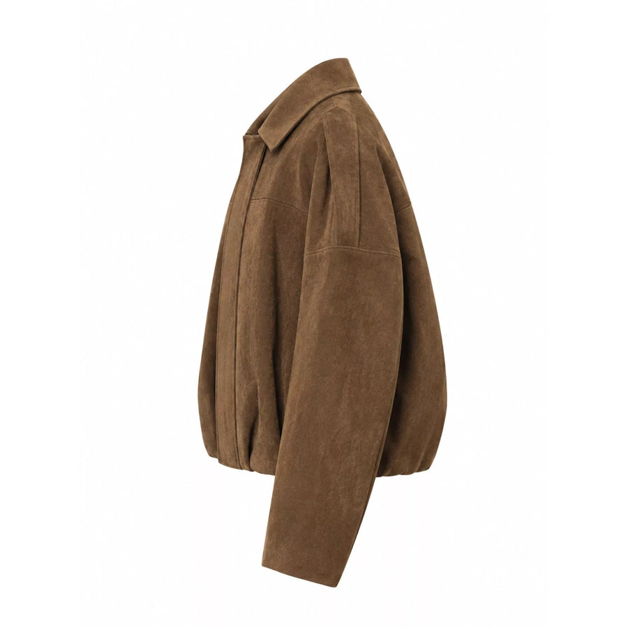 Suede Oversized Collared Neck Bomber Jacket Apparel and Accessories