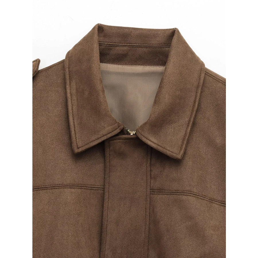 Suede Oversized Collared Neck Bomber Jacket Apparel and Accessories