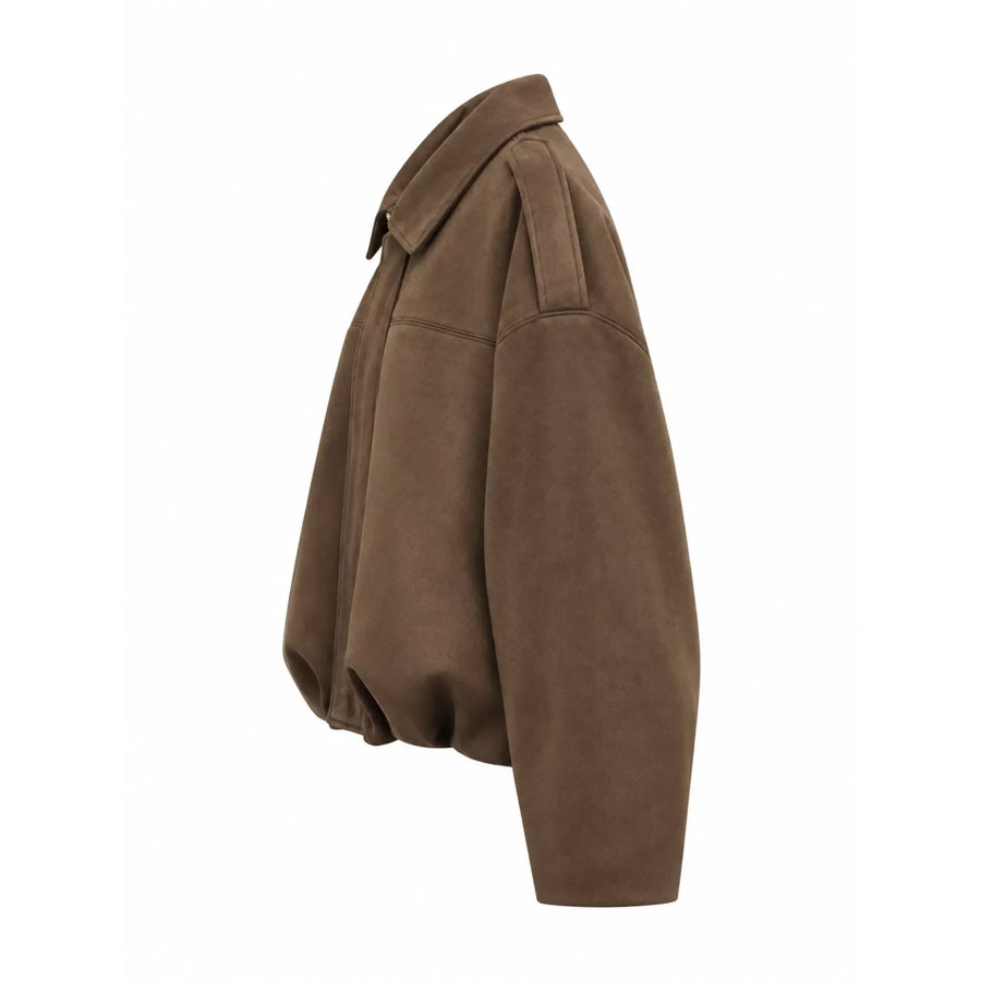 Suede Oversized Collared Neck Bomber Jacket Apparel and Accessories