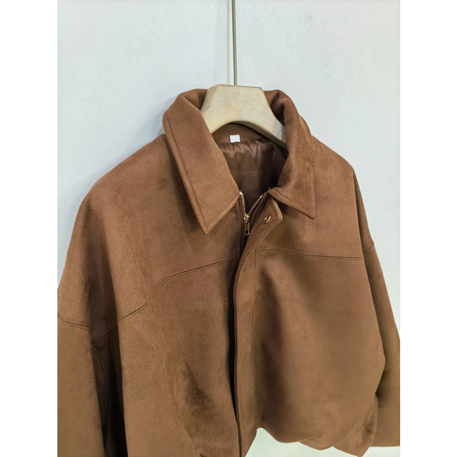 Suede Oversized Collared Neck Bomber Jacket Apparel and Accessories