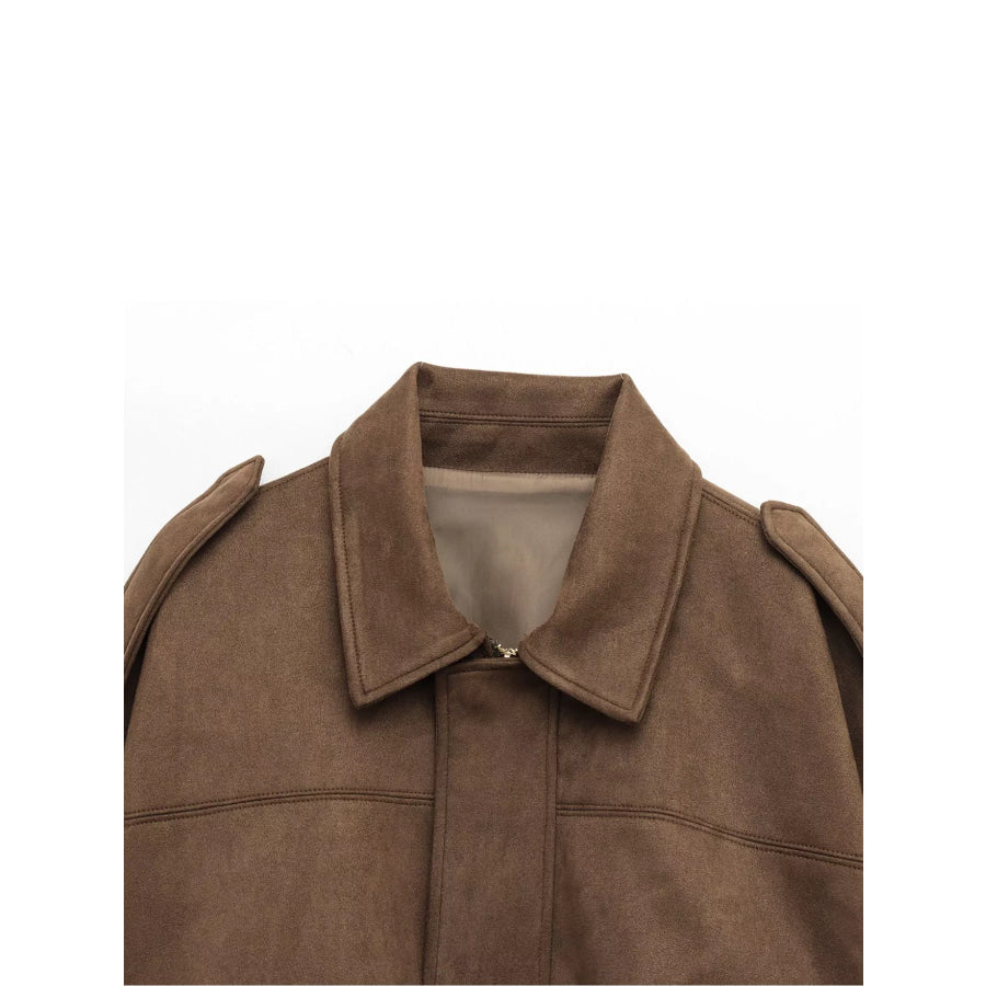 Suede Oversized Collared Neck Bomber Jacket Apparel and Accessories
