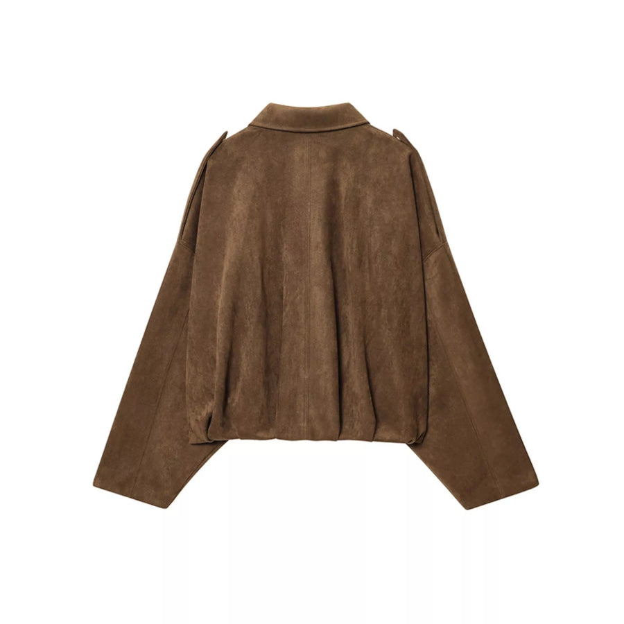 Suede Oversized Collared Neck Bomber Jacket Apparel and Accessories