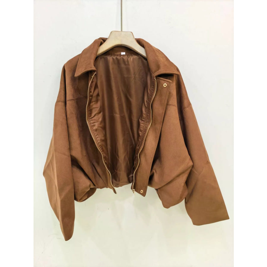 Suede Oversized Collared Neck Bomber Jacket Apparel and Accessories