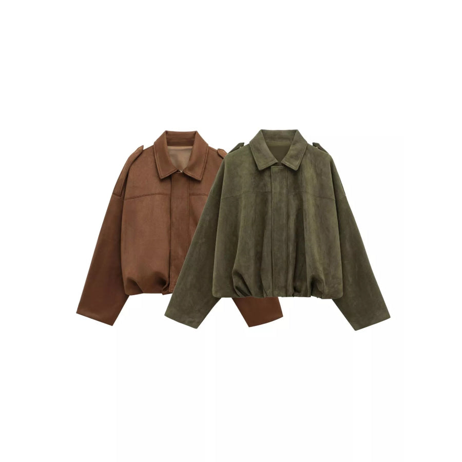 Suede Oversized Collared Neck Bomber Jacket Apparel and Accessories
