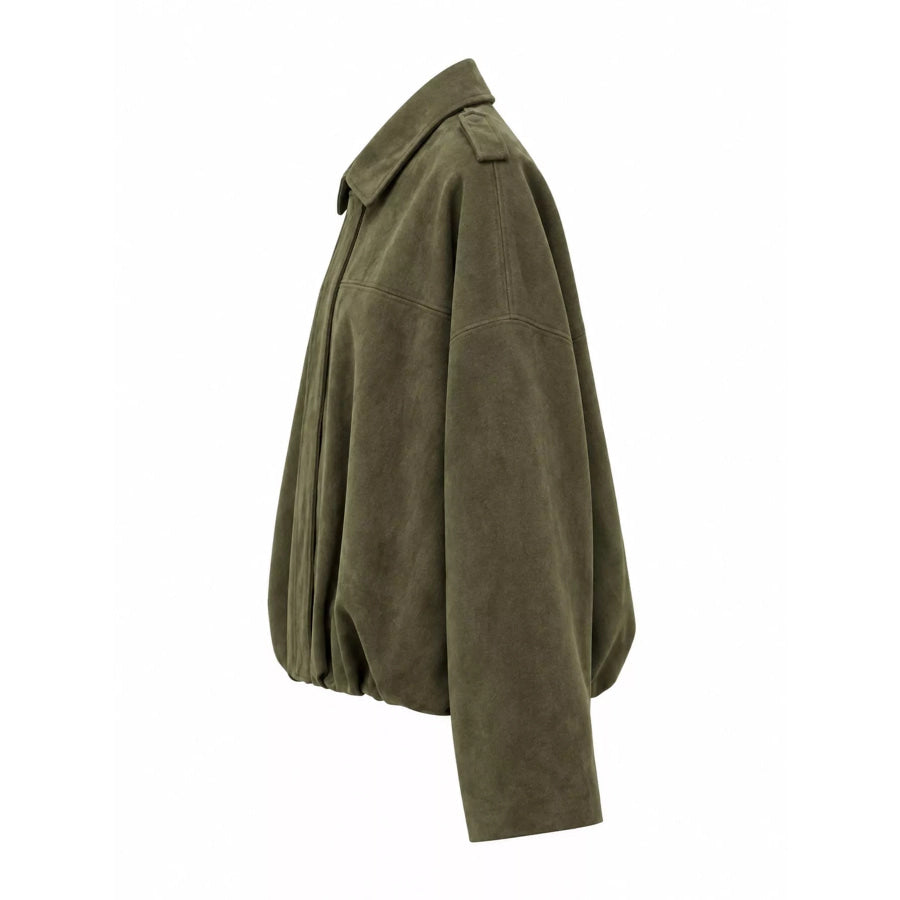 Suede Oversized Collared Neck Bomber Jacket Army Green-Suede / XS Apparel and Accessories