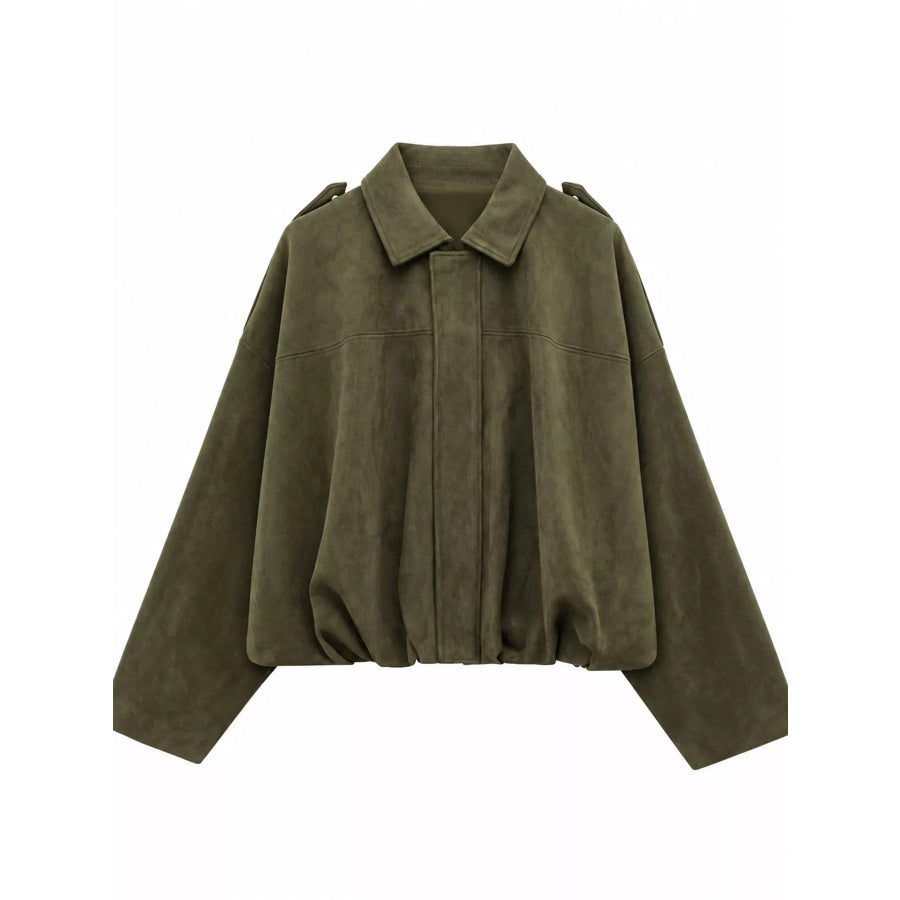 Suede Oversized Collared Neck Bomber Jacket Army Green-Suede / XS Apparel and Accessories