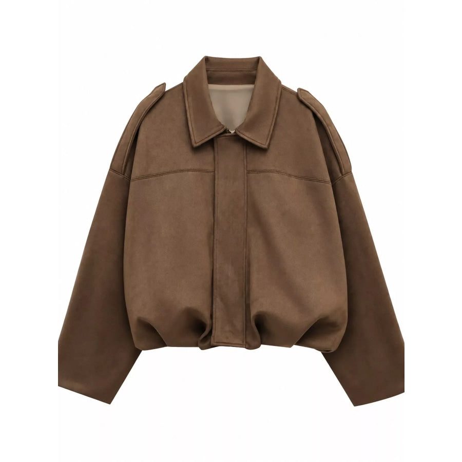 Suede Oversized Collared Neck Bomber Jacket Brown-Suede / S Apparel and Accessories