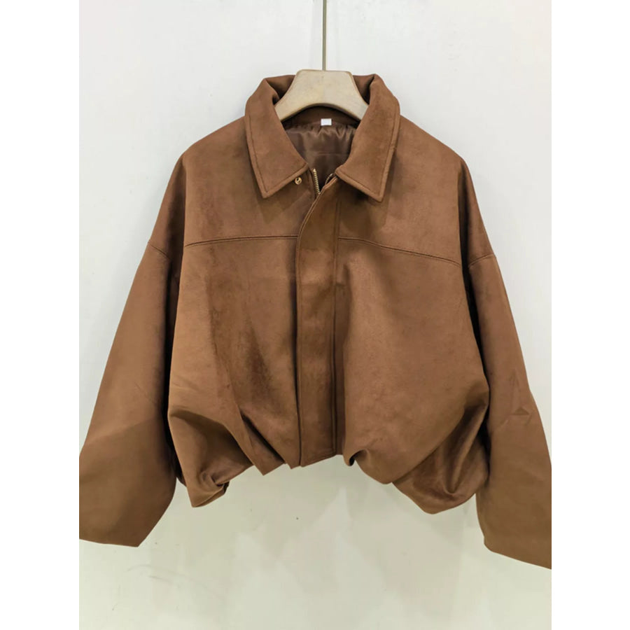 Suede Oversized Collared Neck Bomber Jacket Camel-Without Epaulettes / XS Apparel and Accessories