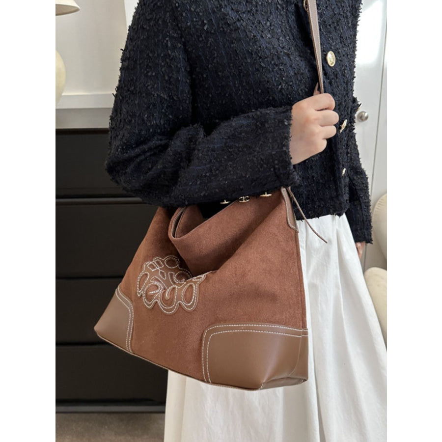 Suede Patch Adjustable Strap Tote Bag Apparel and Accessories