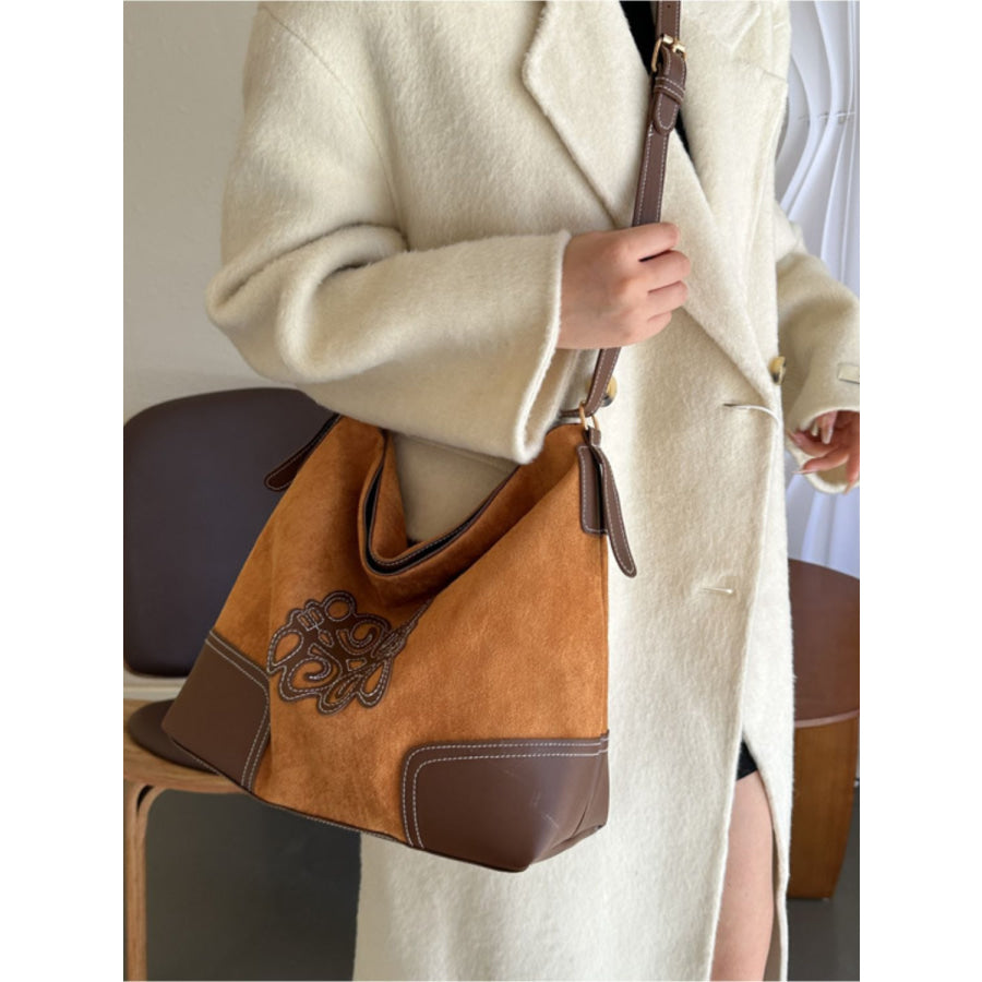 Suede Patch Adjustable Strap Tote Bag Apparel and Accessories