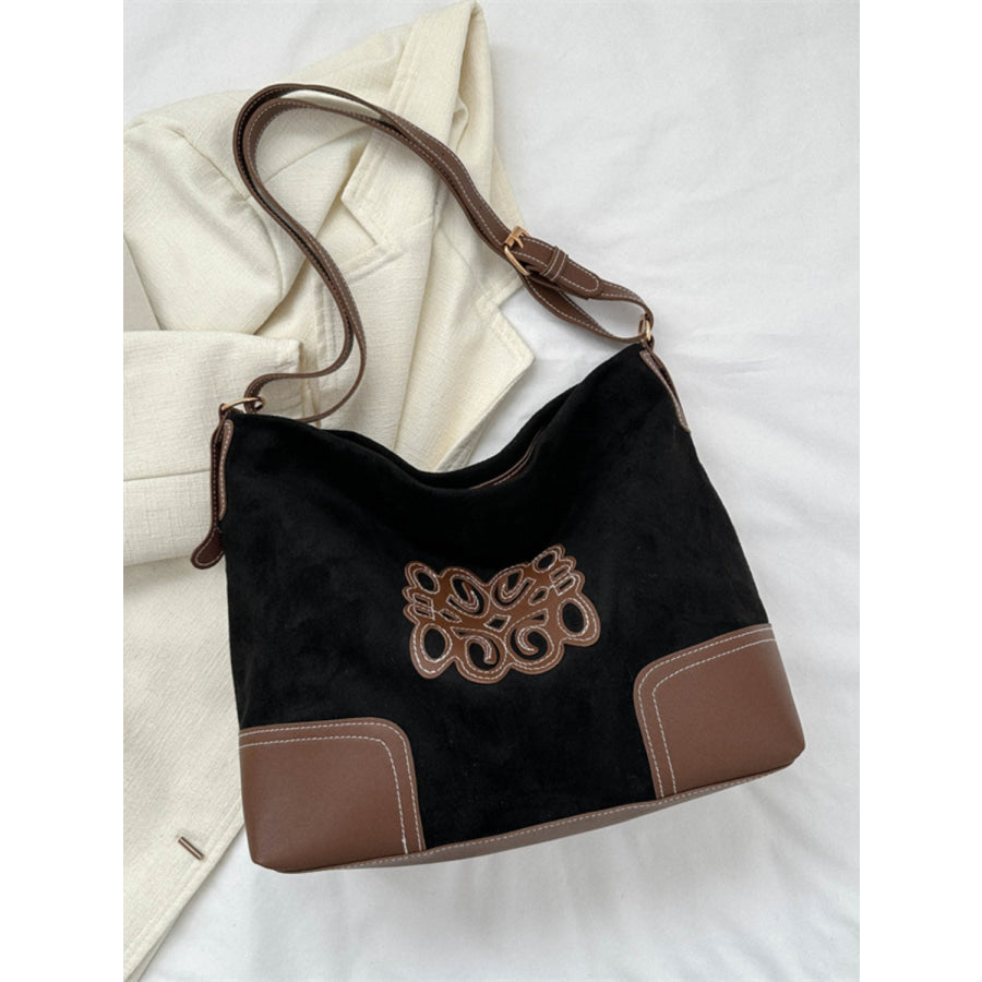 Suede Patch Adjustable Strap Tote Bag Black / One Size Apparel and Accessories