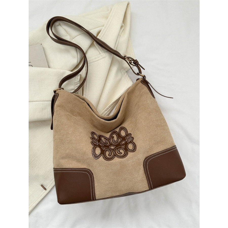 Suede Patch Adjustable Strap Tote Bag Khaki / One Size Apparel and Accessories