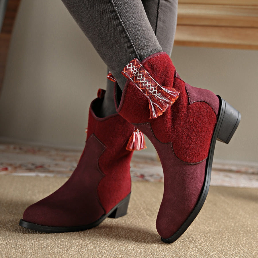 Suede Point Toe Block Heel Boots Burgundy / 36(US5) Apparel and Accessories