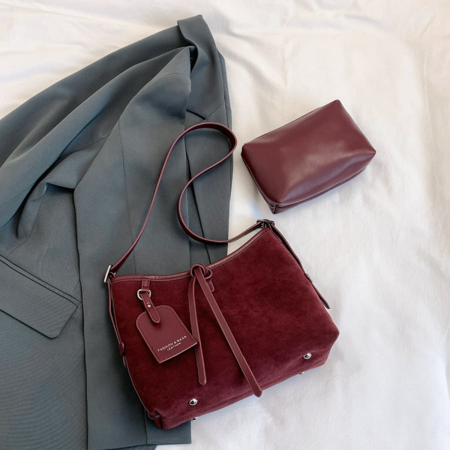 Suede Shoulder Bag and PU Leather Clutch 2 Piece Set Apparel and Accessories