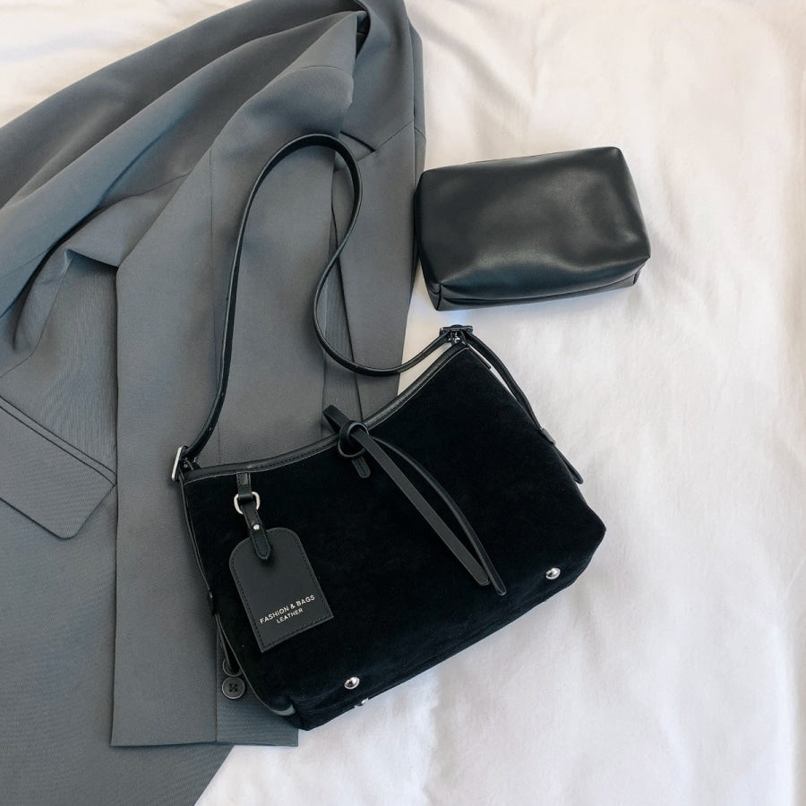 Suede Shoulder Bag and PU Leather Clutch 2 Piece Set Apparel and Accessories